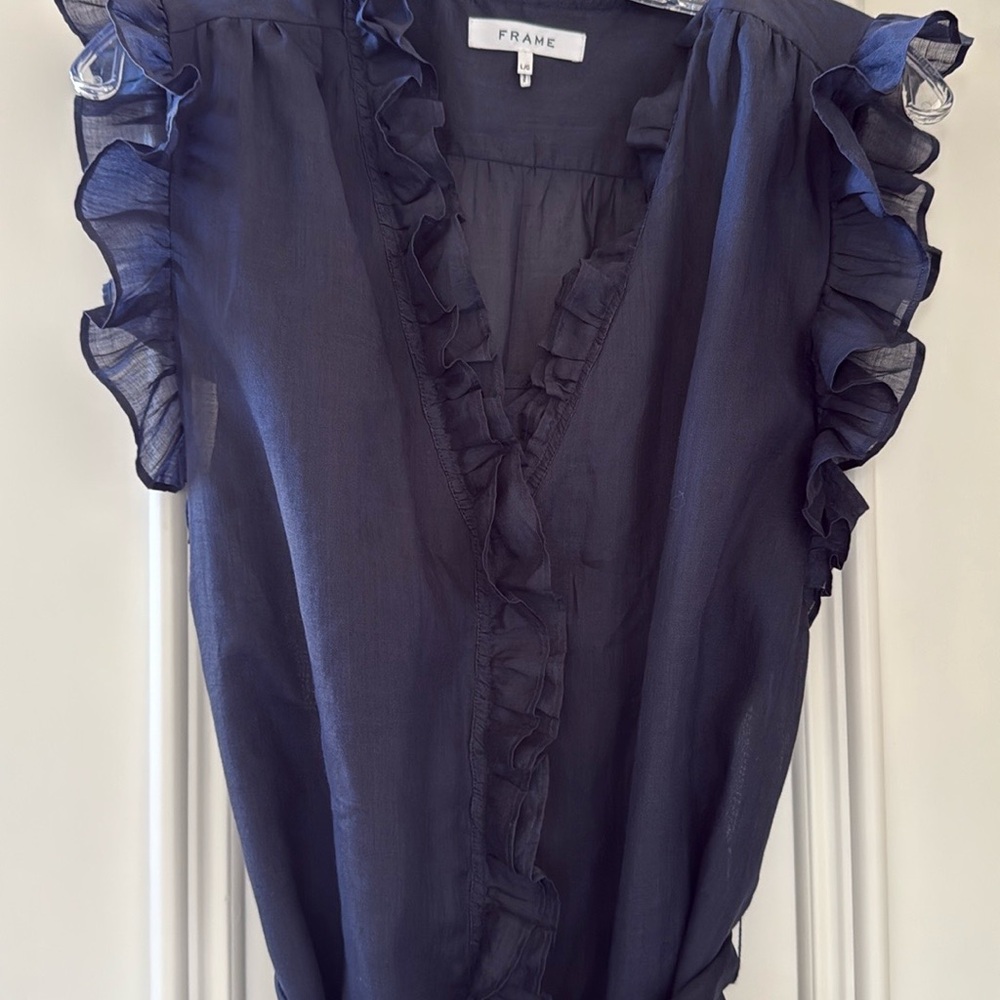 Frame Denim Blue Sleeveless Ruffled Blouse